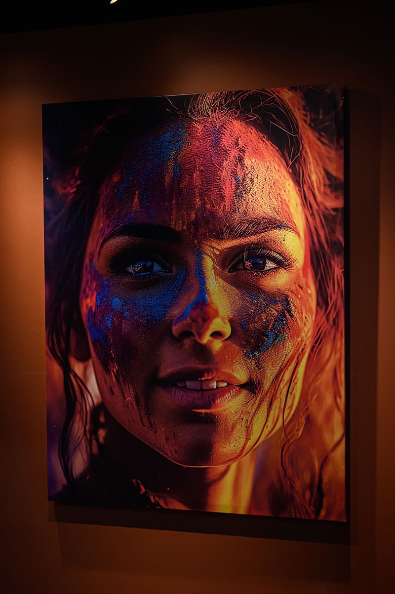 A Holi-colour portrait hanging in the dining room at Gunpowder Social