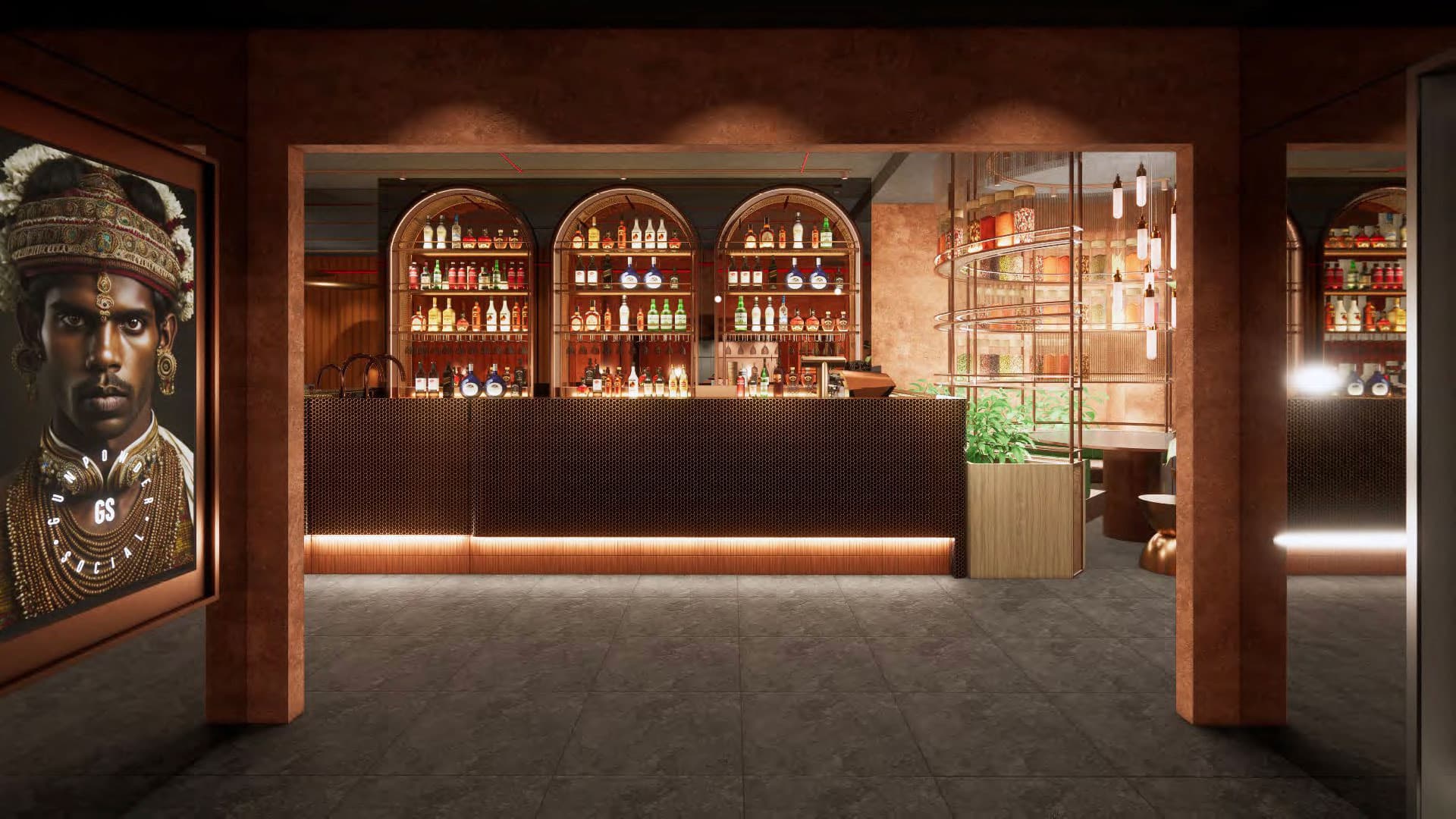 The bar at Gunpowder Social — three arched bottle displays and the spice cabinet beside them